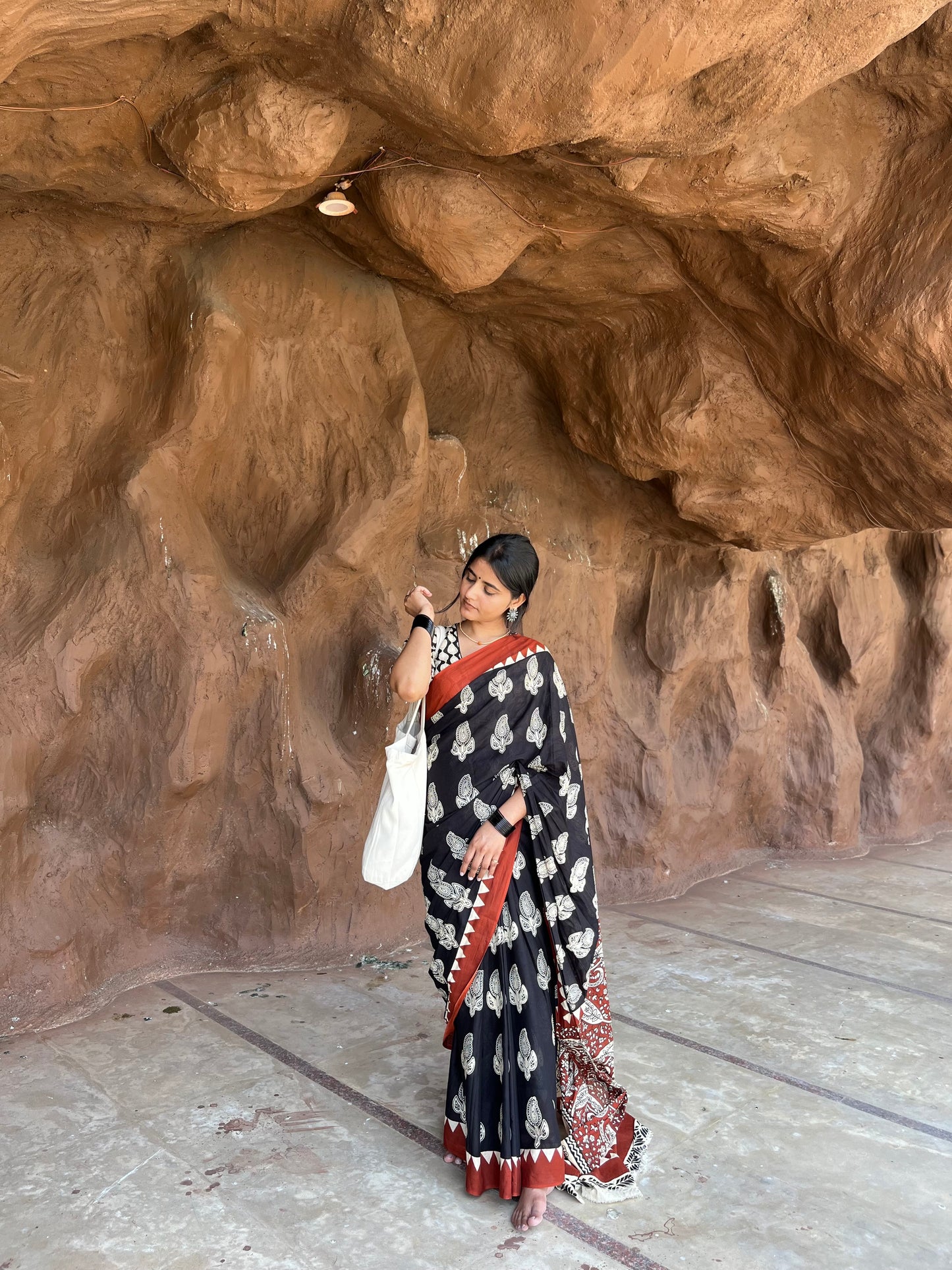 Midnight Melody Handblock Cotton Saree