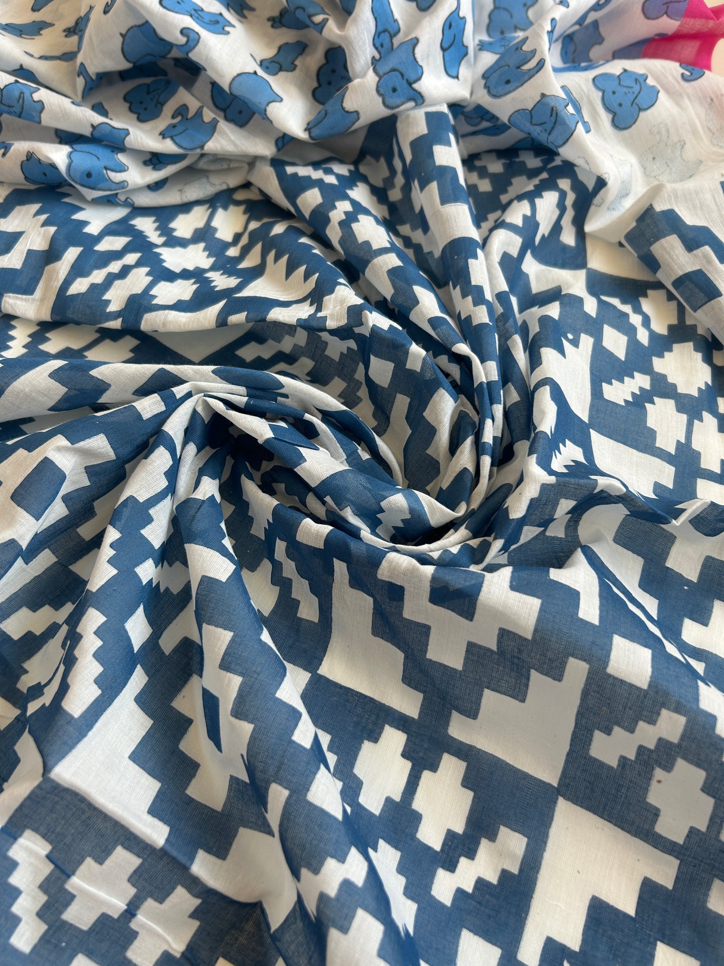 Blue Baby Elephant Cotton Saree