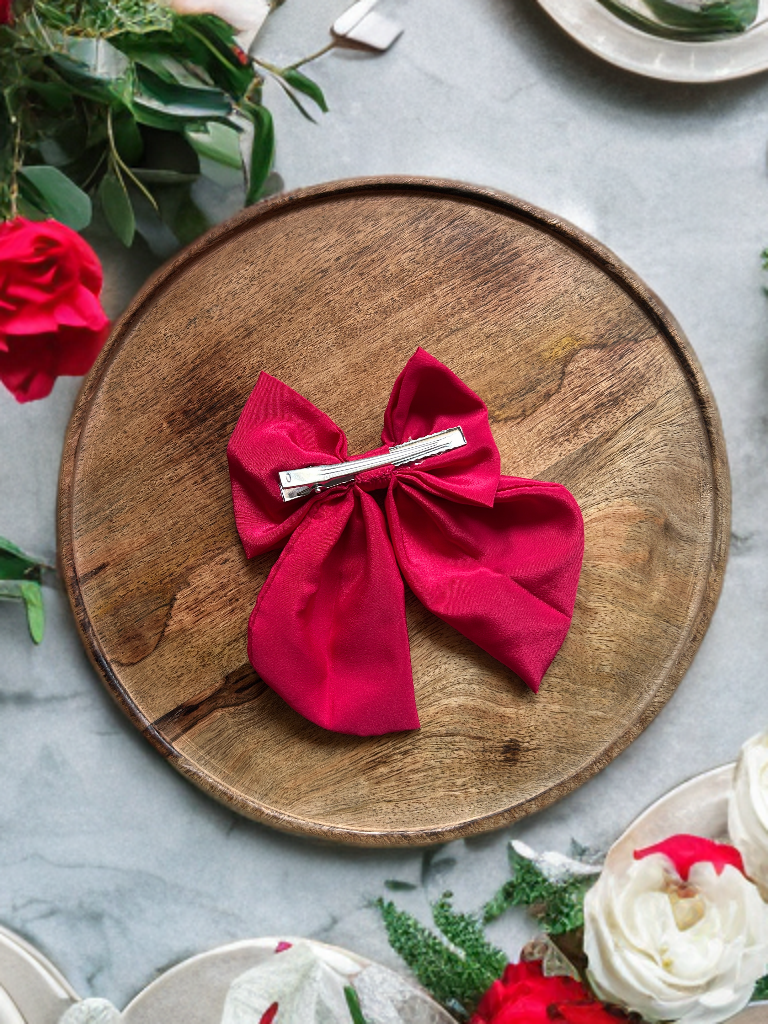 Rose Red Satin Hair Bow With Alligator Clip