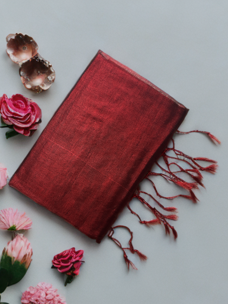 Oxblood Red Cotton Tissue Saree