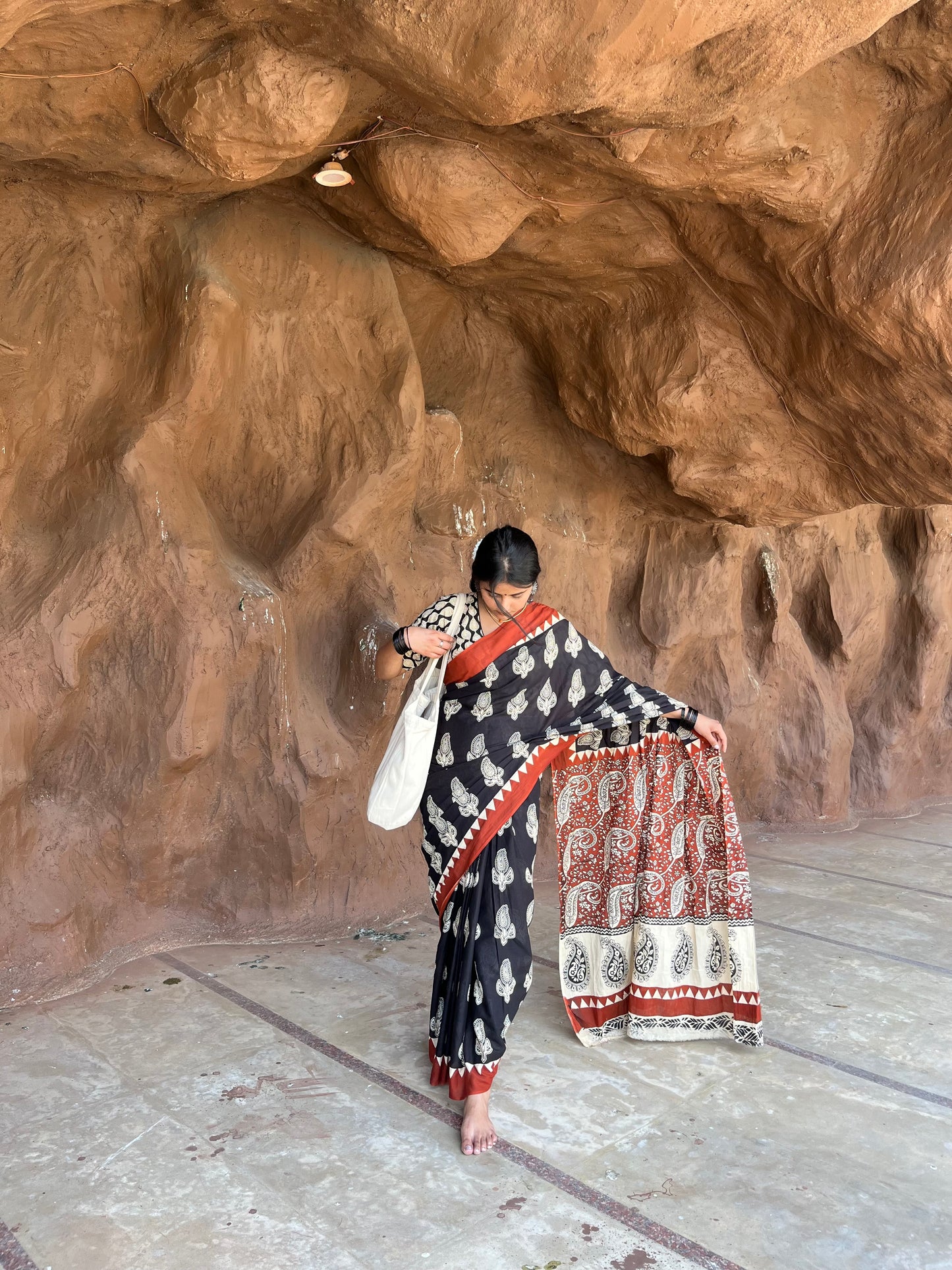 Midnight Melody Handblock Cotton Saree