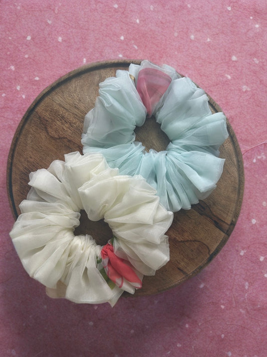 Set of 2 Ivory & Mint Organza Scrunchies