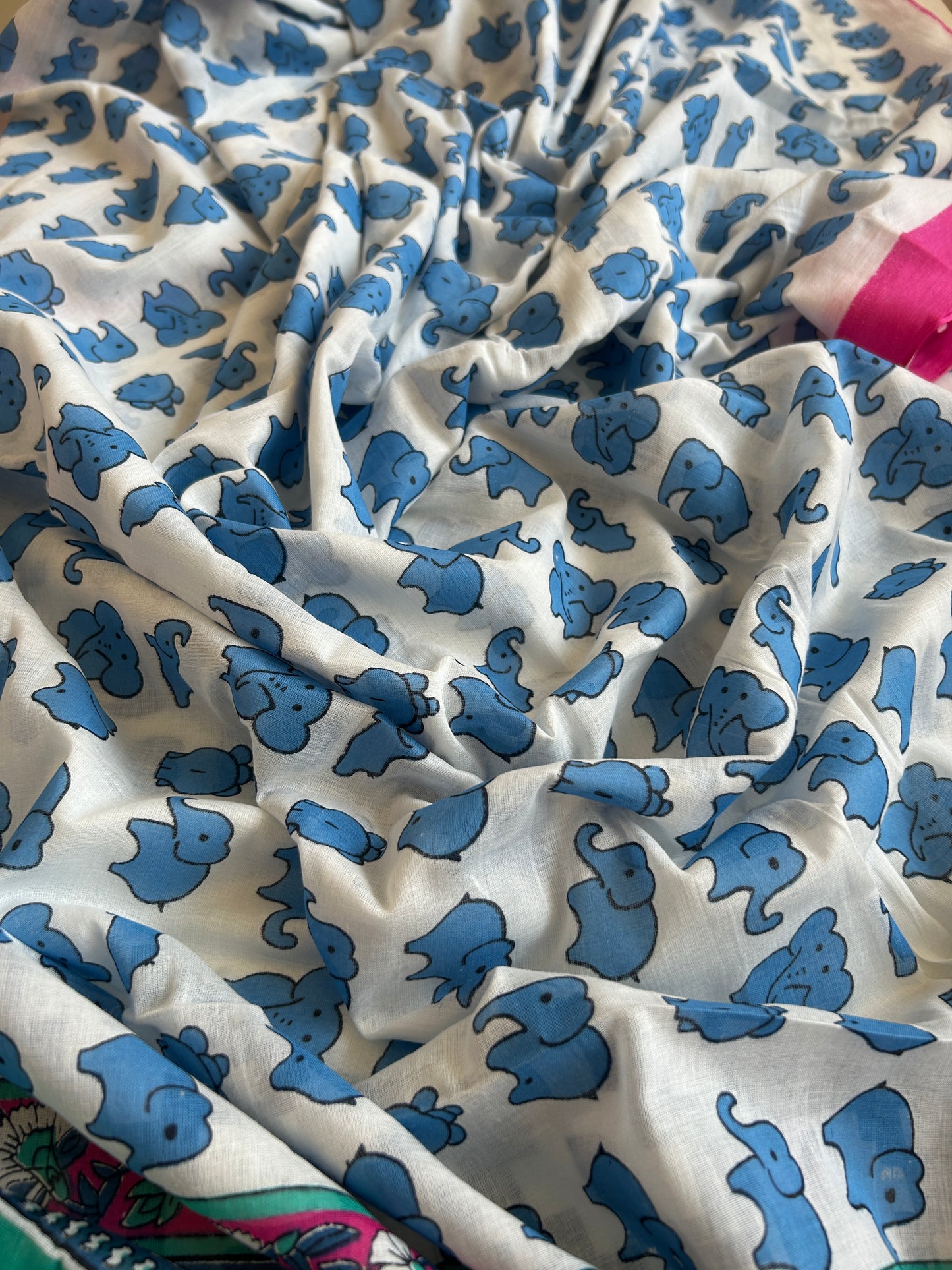 Blue Baby Elephant Cotton Saree