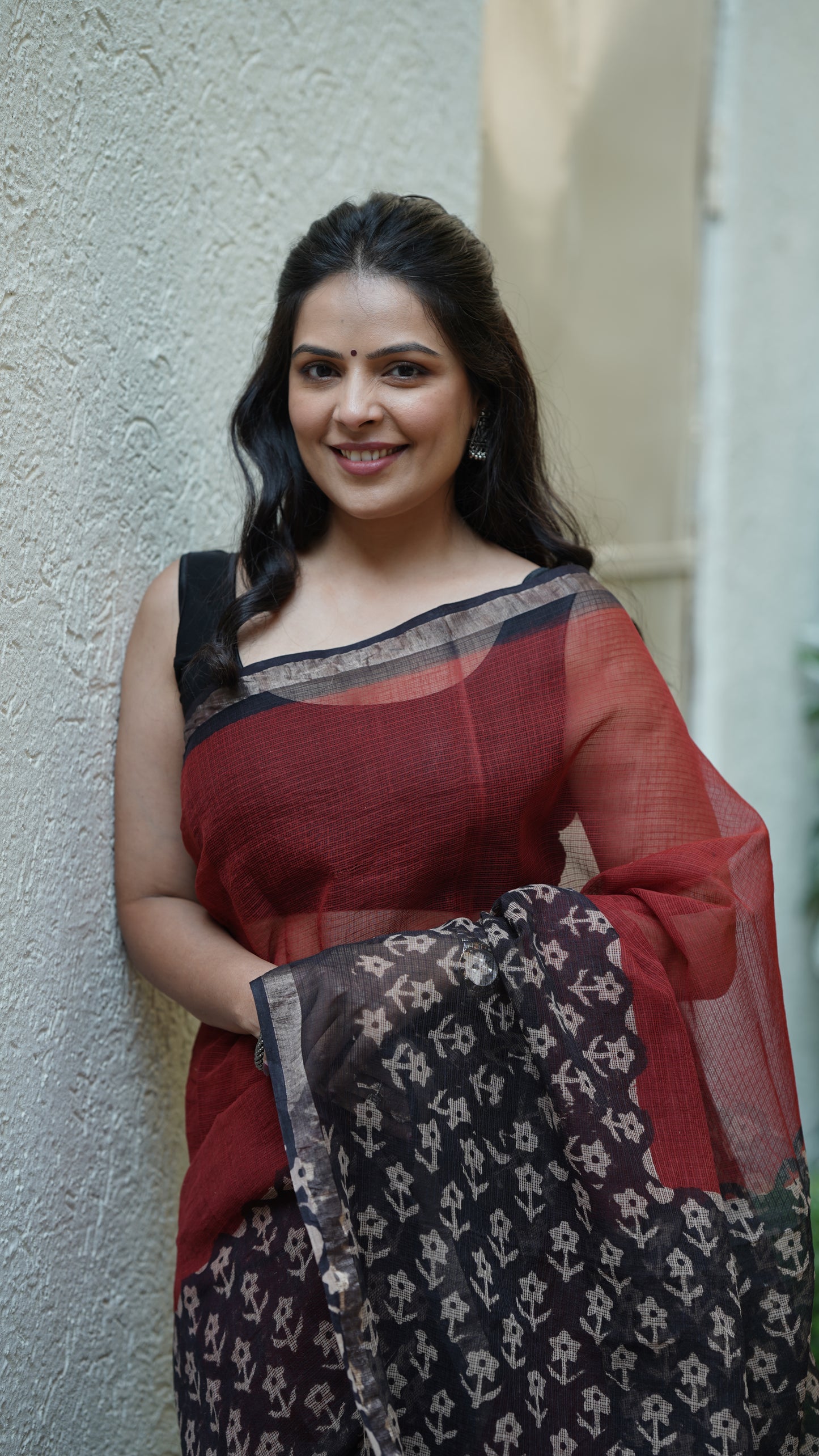 Carmine Red Kota Doria Handblock Print Saree