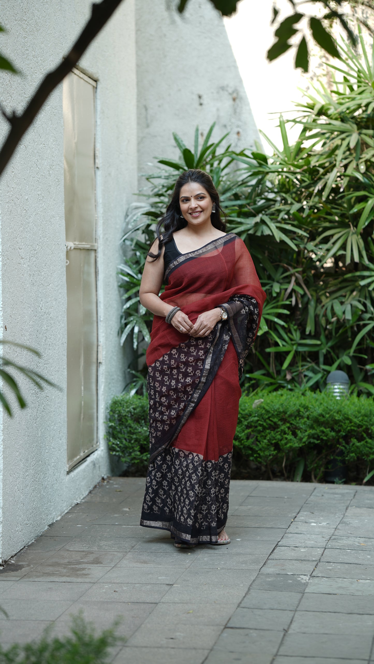 Carmine Red Kota Doria Handblock Print Saree