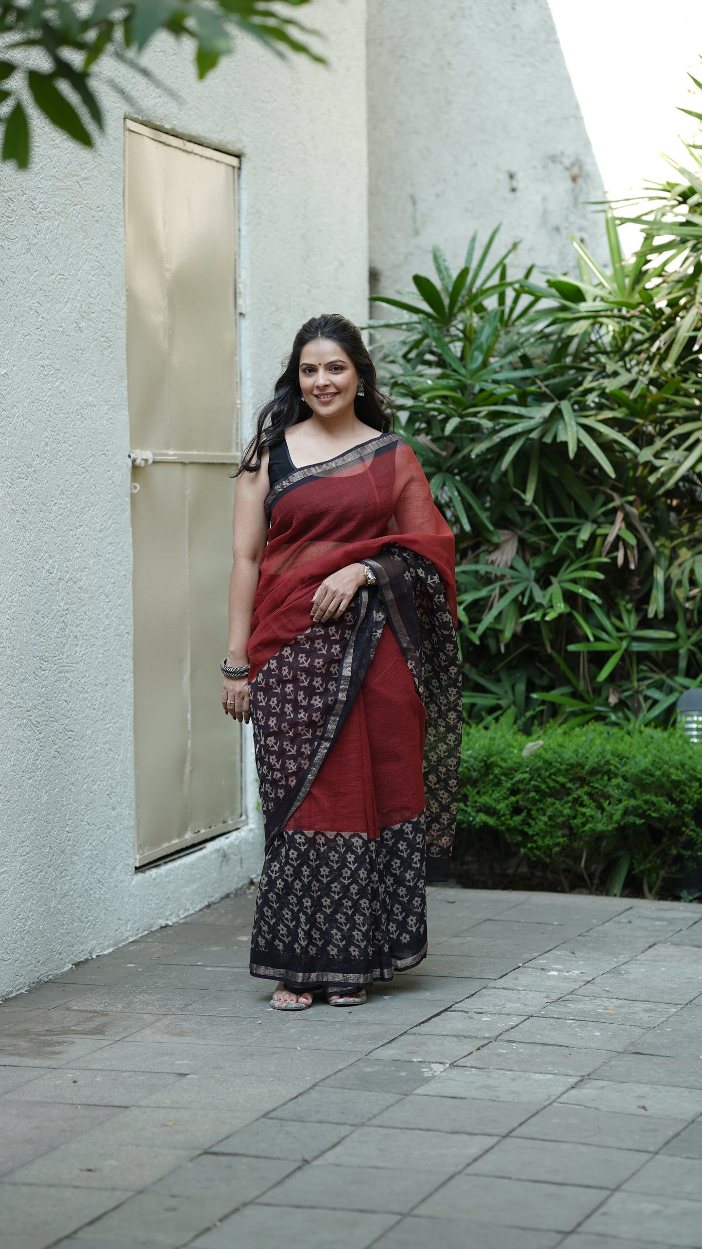 Carmine Red Kota Doria Handblock Print Saree