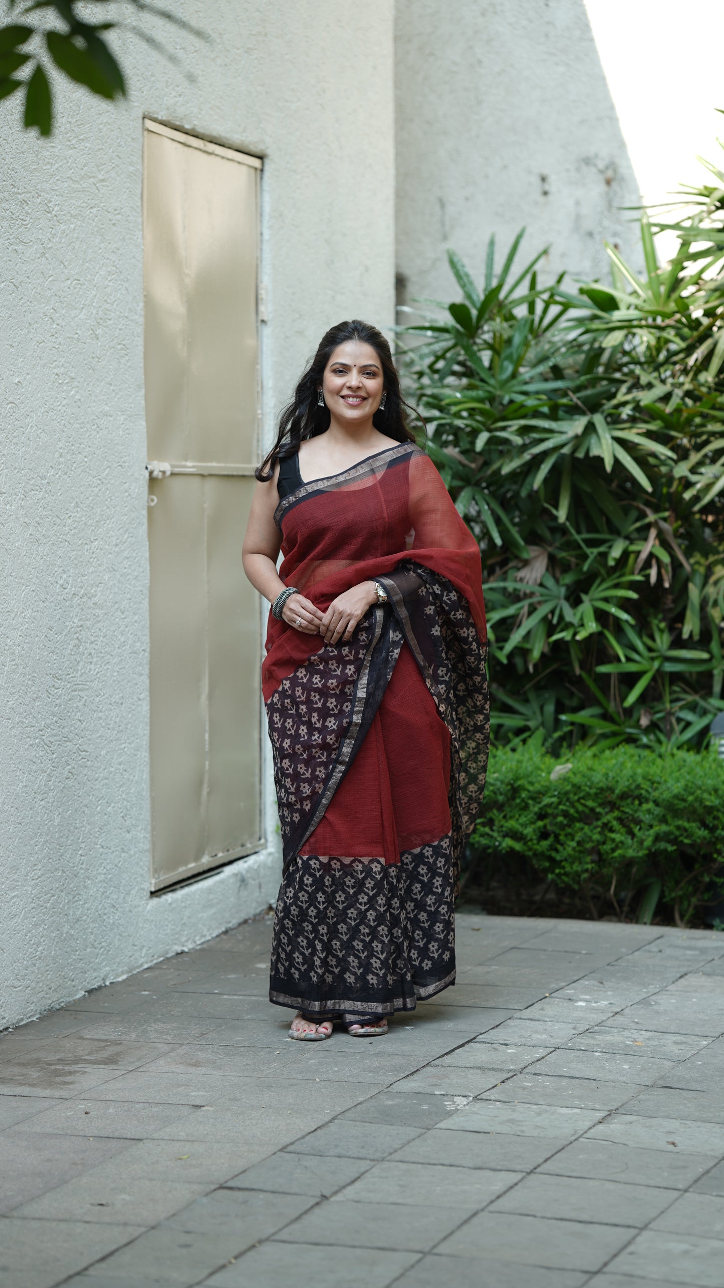 Carmine Red Kota Doria Handblock Print Saree