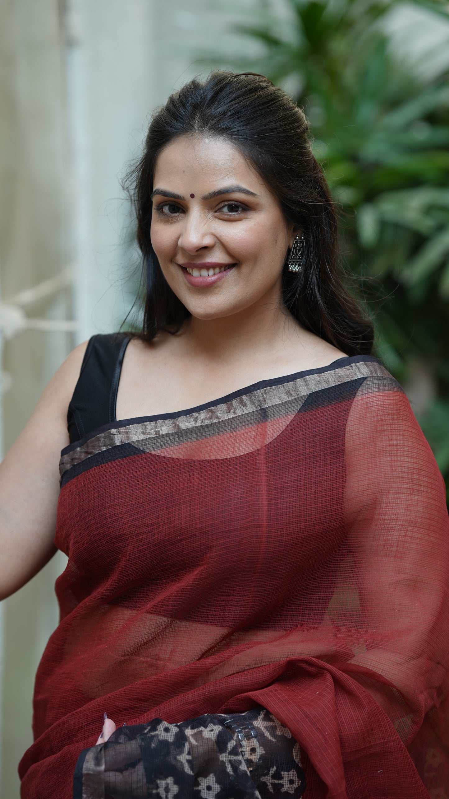 Carmine Red Kota Doria Handblock Print Saree