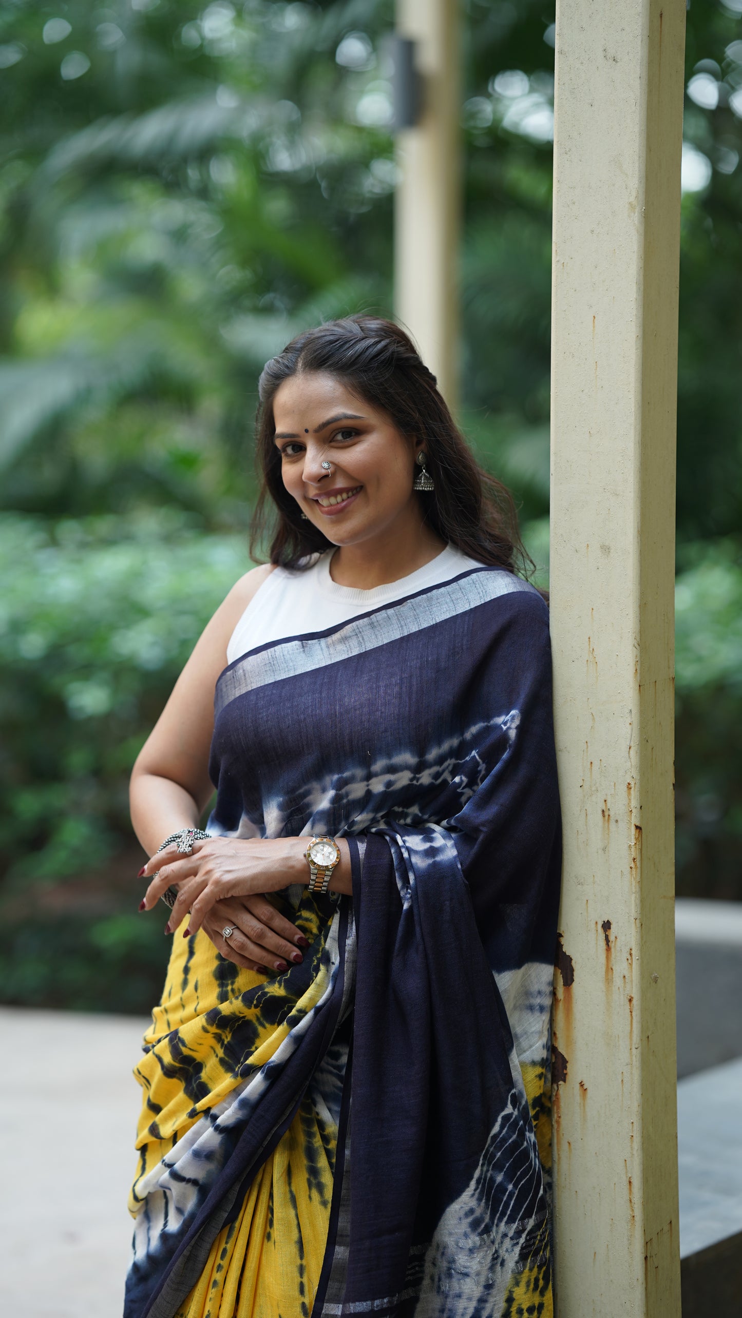Yellow and Blue Tie - Dye Linen Saree
