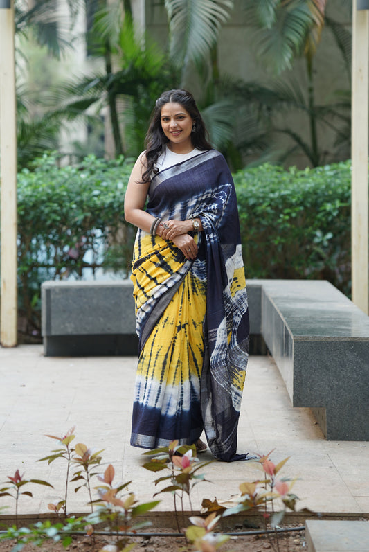 Yellow and Blue Tie - Dye Linen Saree
