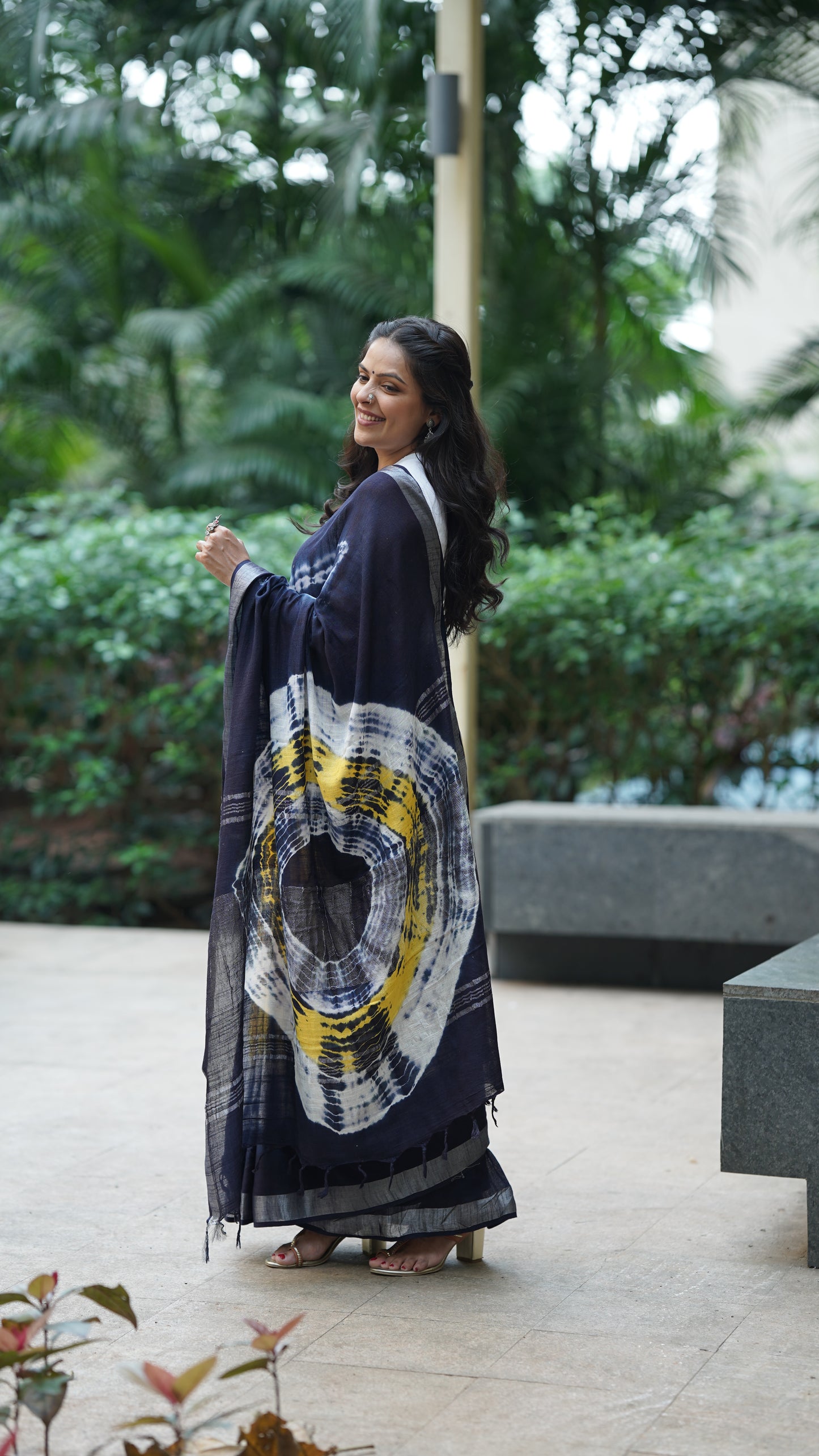 Yellow and Blue Tie - Dye Linen Saree