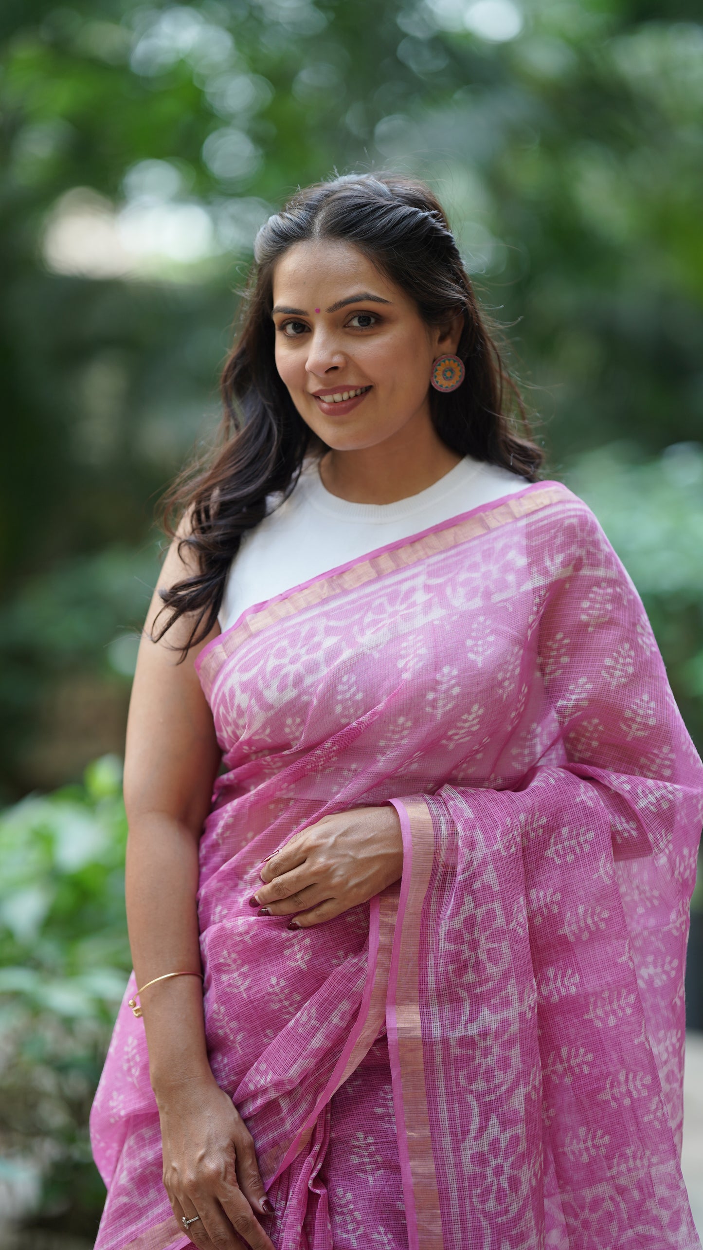 Pink Kota Doria Handblock Print Saree