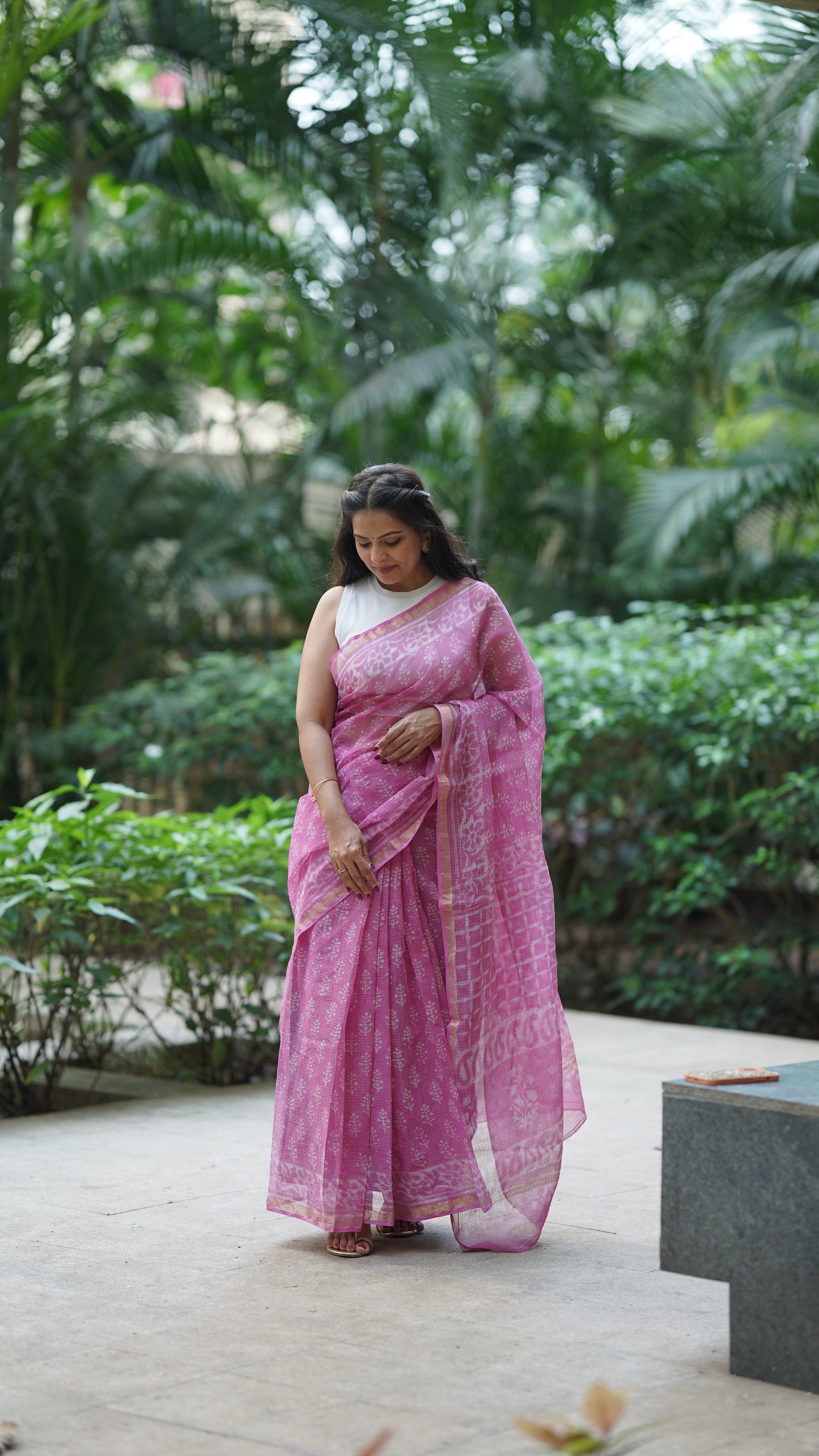 Pink Kota Doria Handblock Print Saree