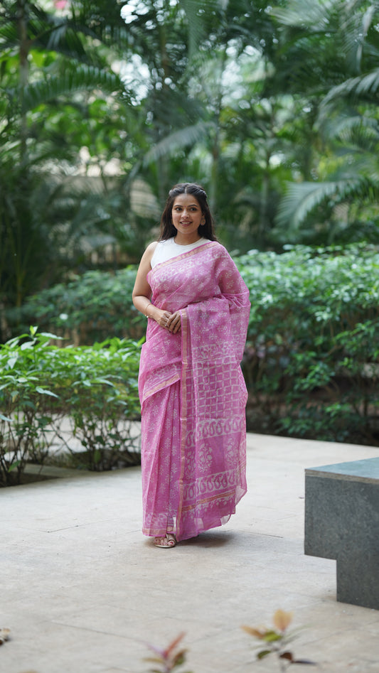 Pink Kota Doria Handblock Print Saree