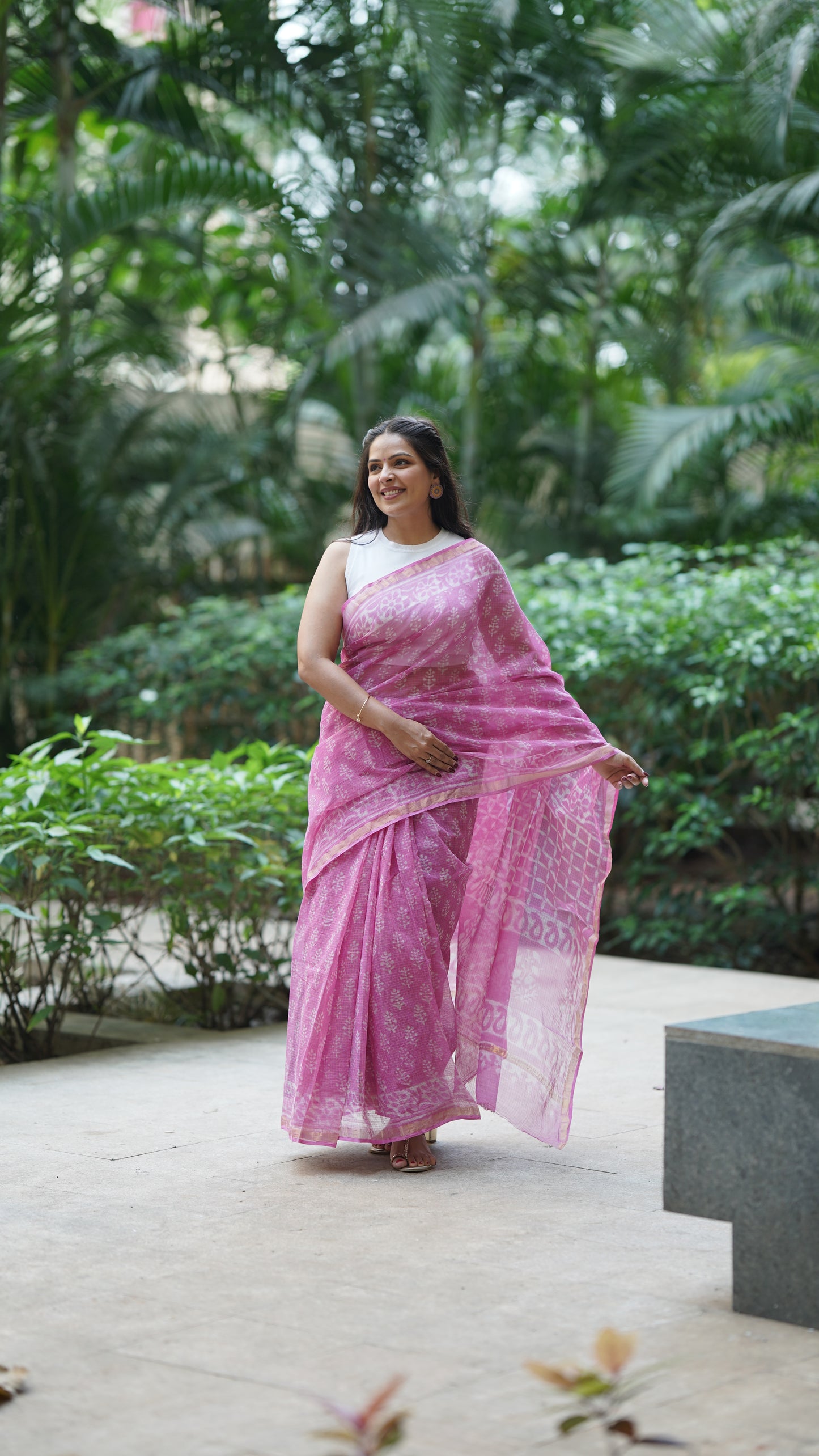 Pink Kota Doria Handblock Print Saree