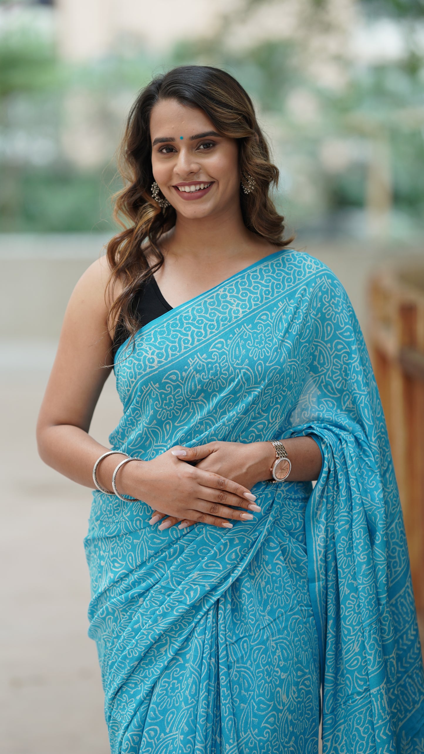 Aqua Blue Chiffon Handblock Print Saree