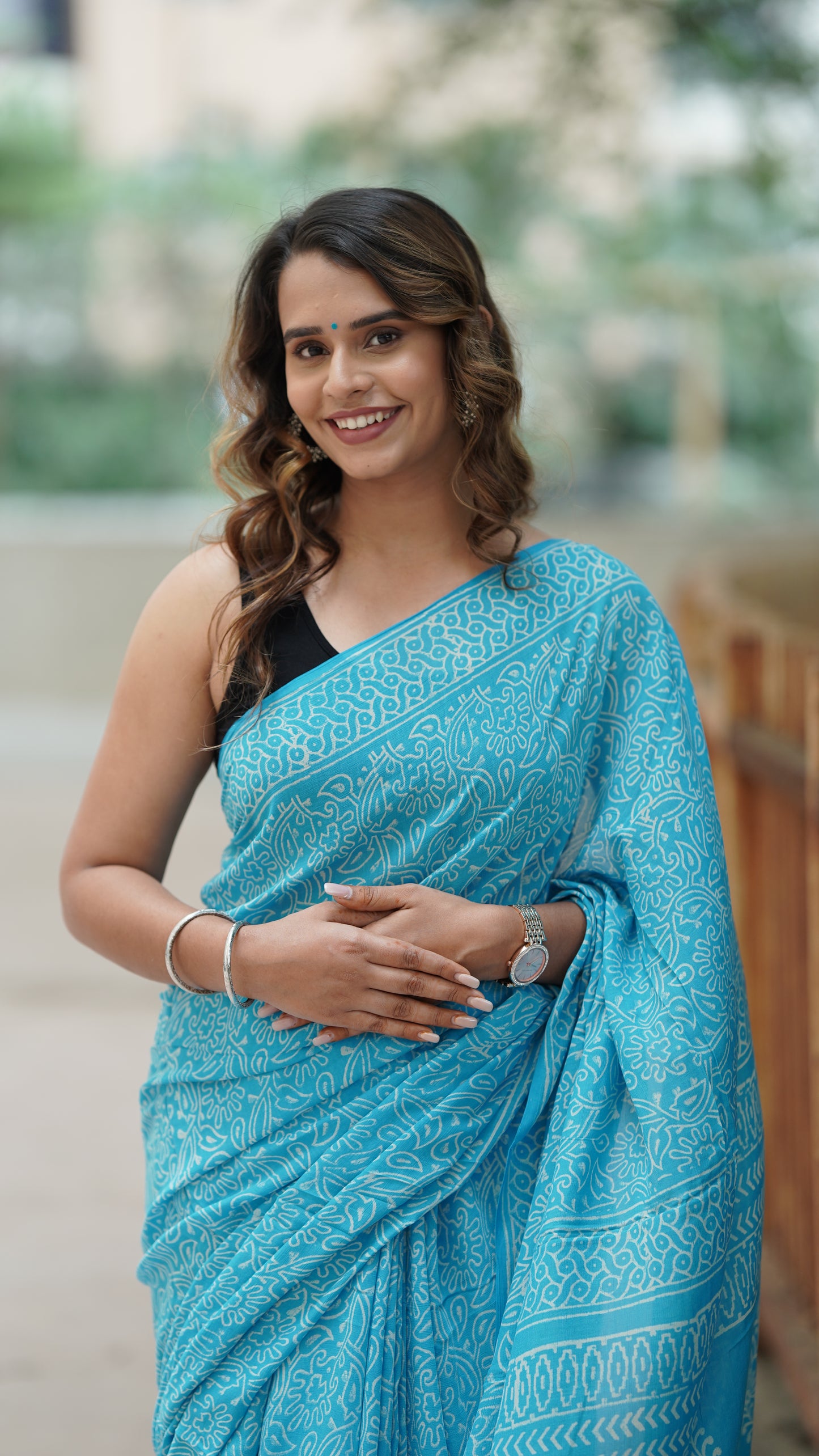 Aqua Blue Chiffon Handblock Print Saree