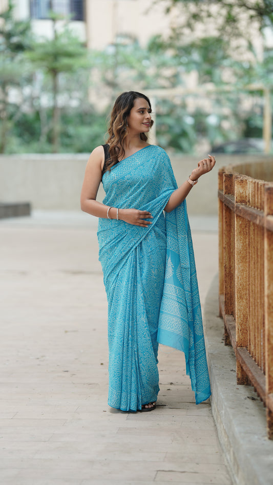 Aqua Blue Chiffon Handblock Print Saree