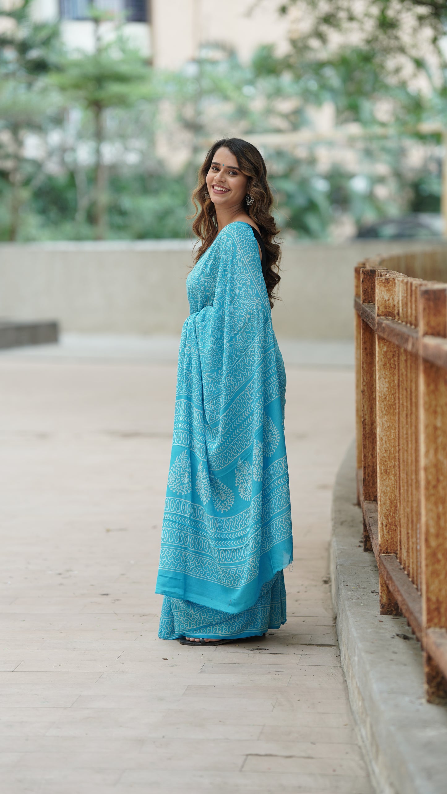 Aqua Blue Chiffon Handblock Print Saree