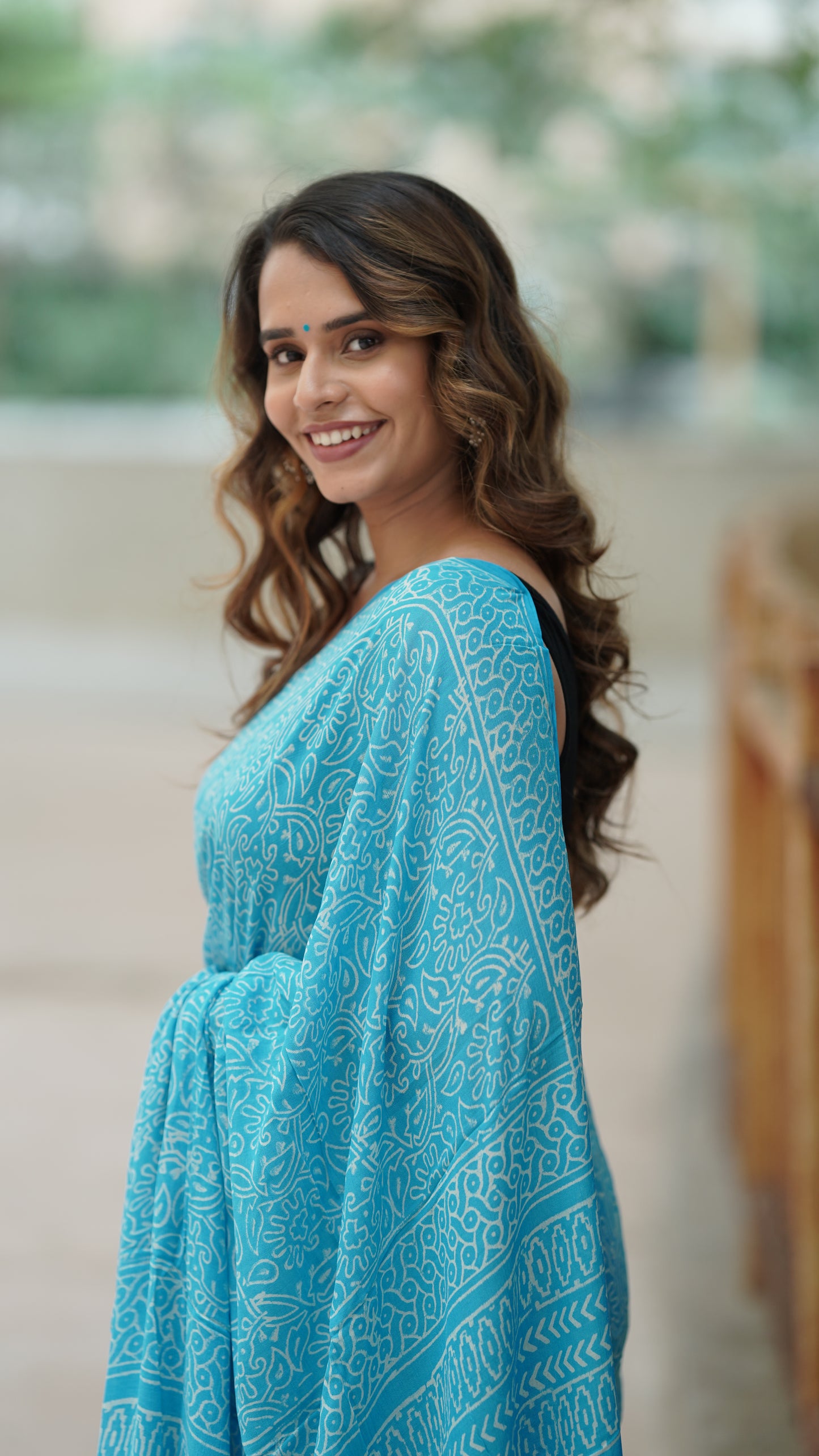 Aqua Blue Chiffon Handblock Print Saree
