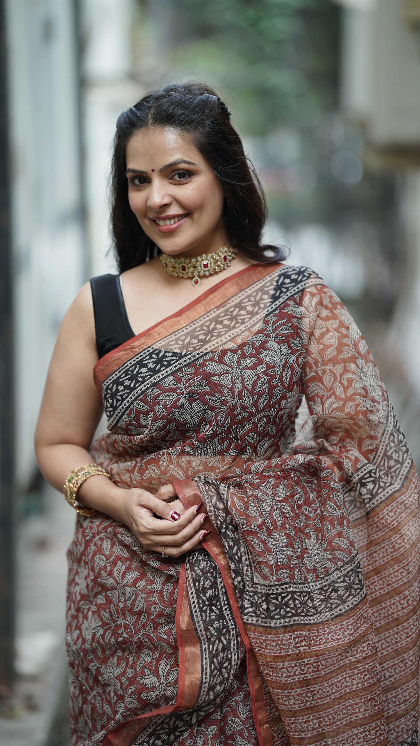 Brick  Red Kota Doria Handblock Print Saree