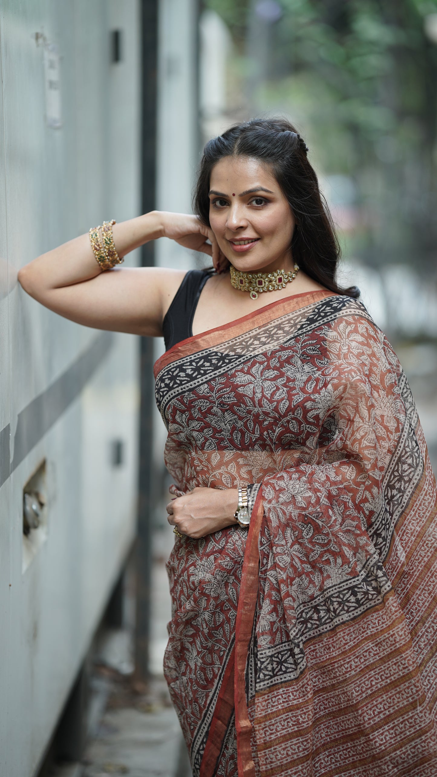 Brick  Red Kota Doria Handblock Print Saree