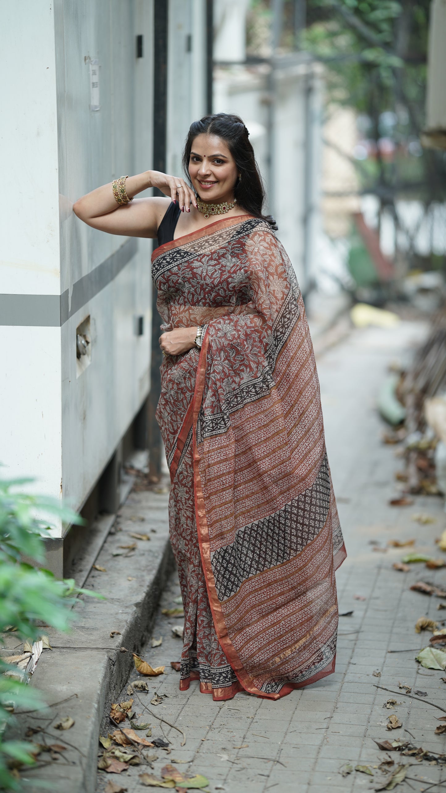 Brick  Red Kota Doria Handblock Print Saree