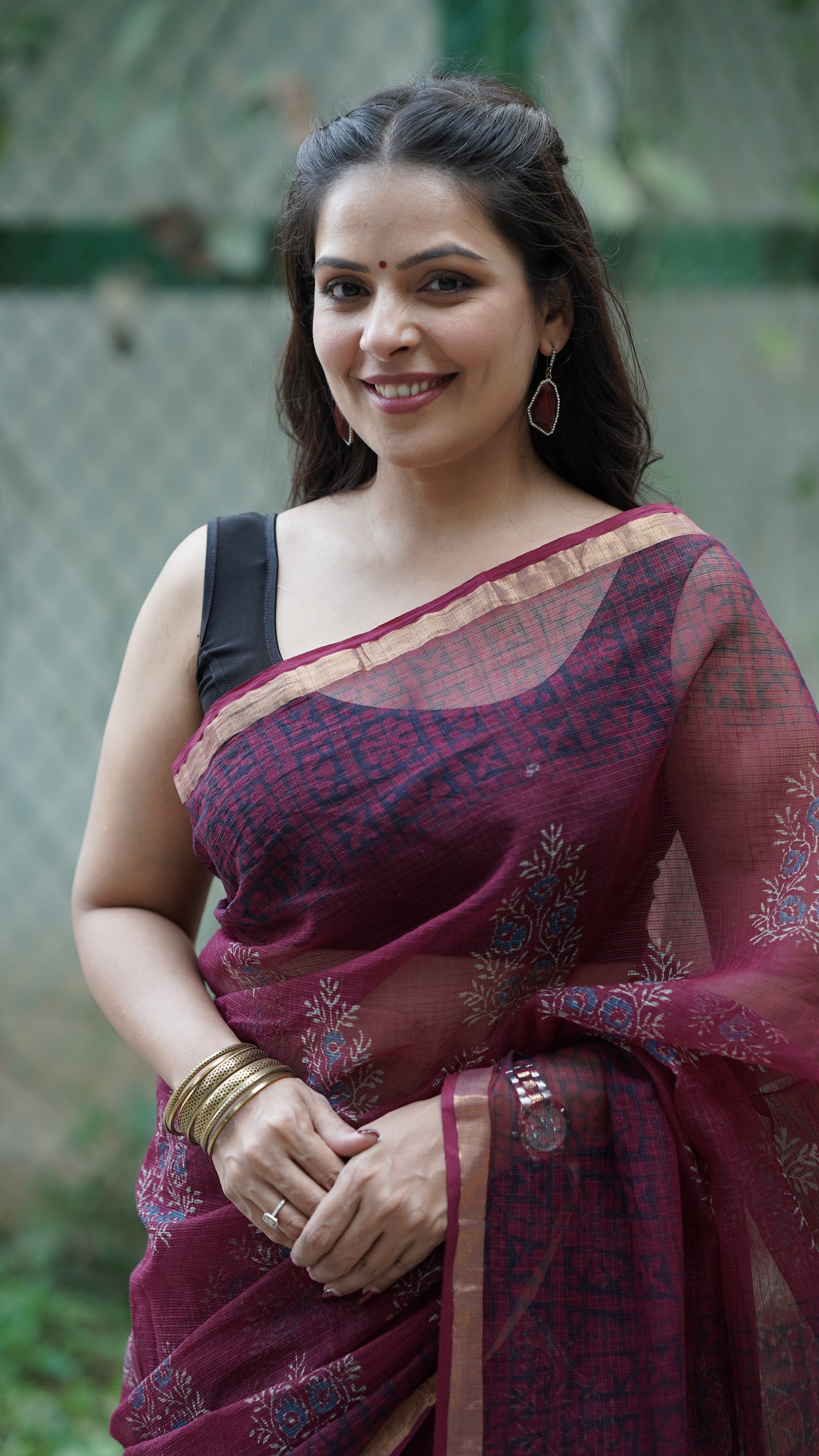 Burnt Burgundy Handblock Print Kota Doria Saree