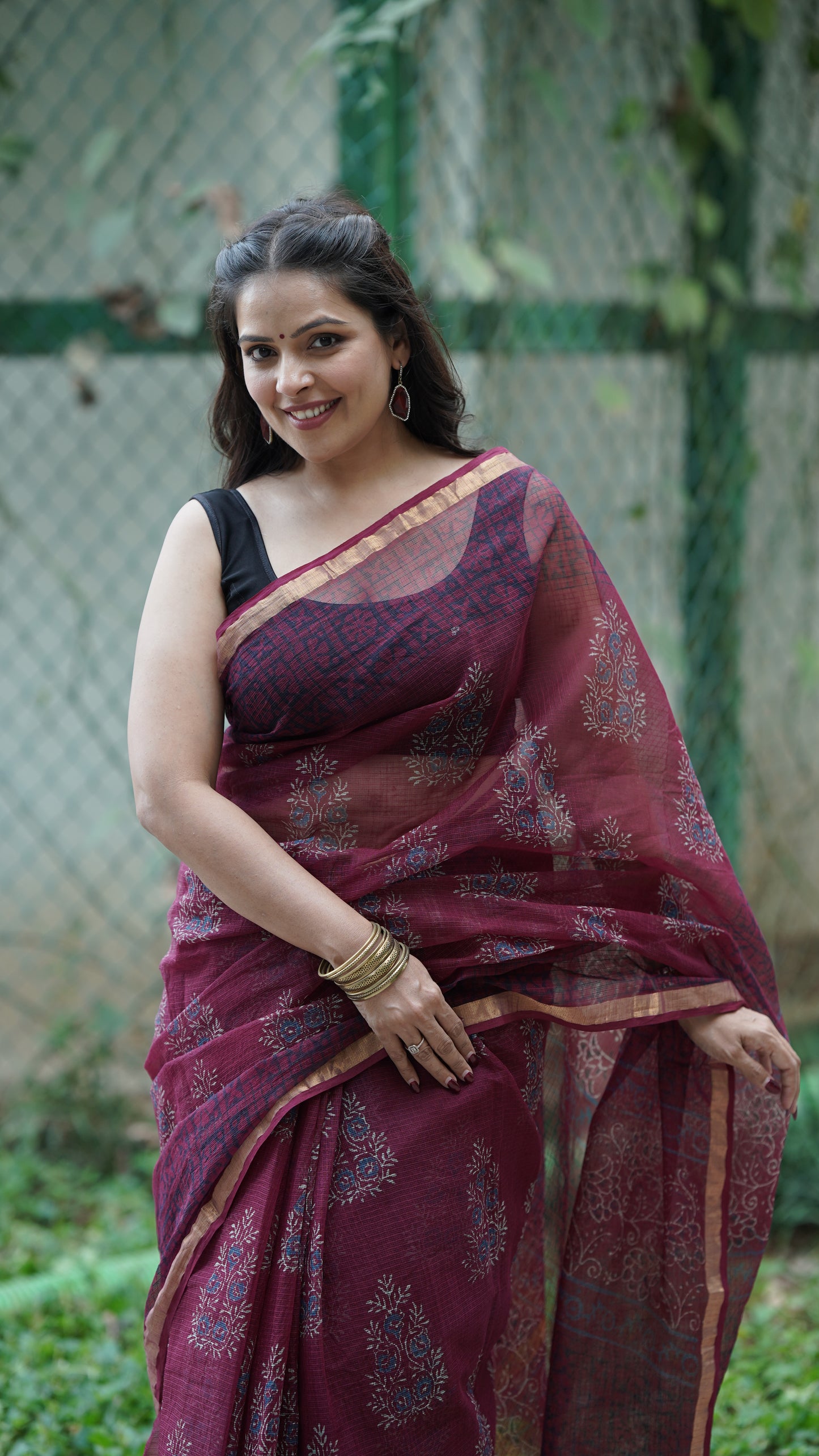 Burnt Burgundy Handblock Print Kota Doria Saree