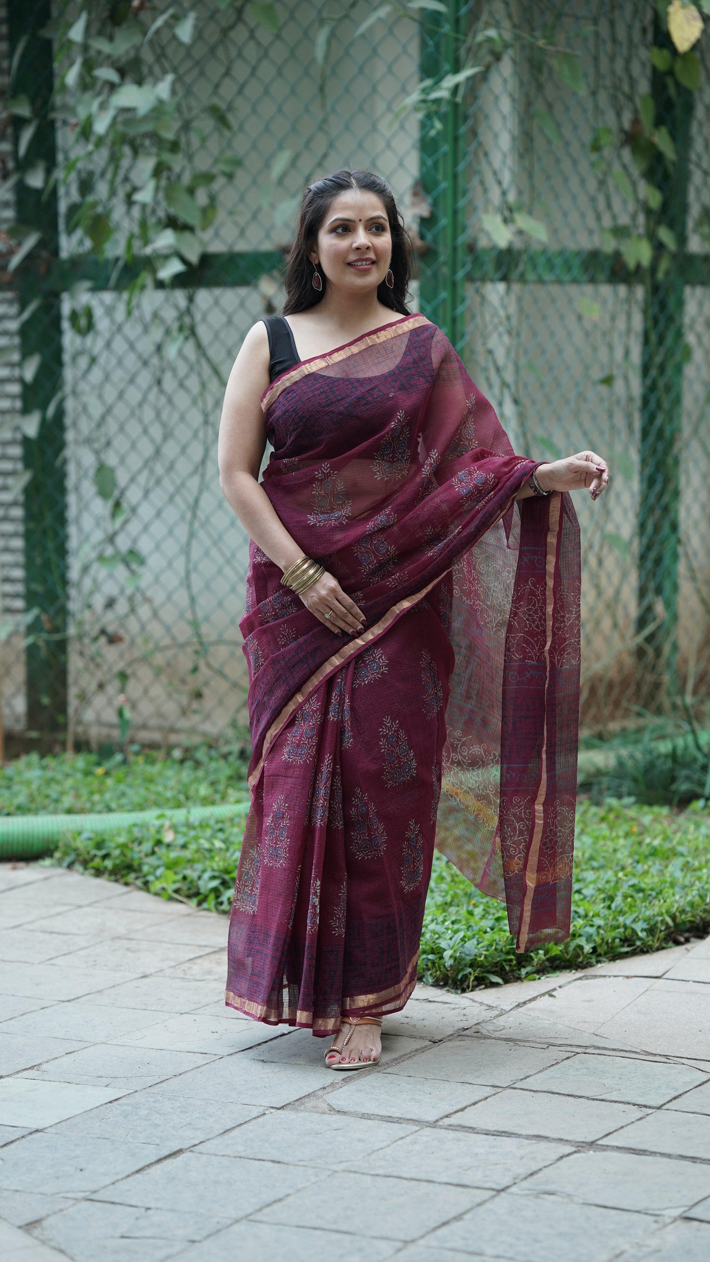 Burnt Burgundy Handblock Print Kota Doria Saree