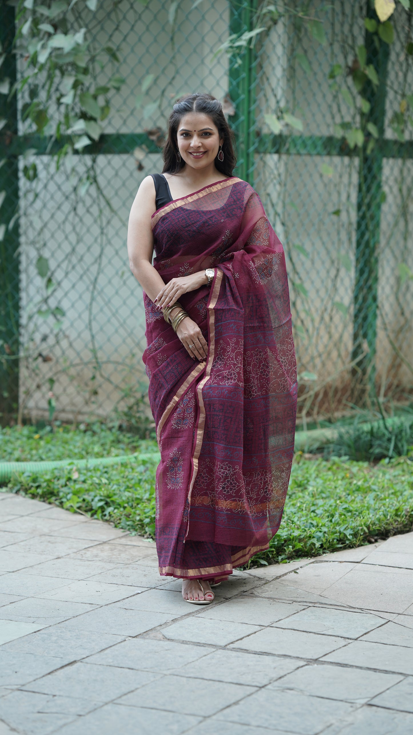 Burnt Burgundy Handblock Print Kota Doria Saree