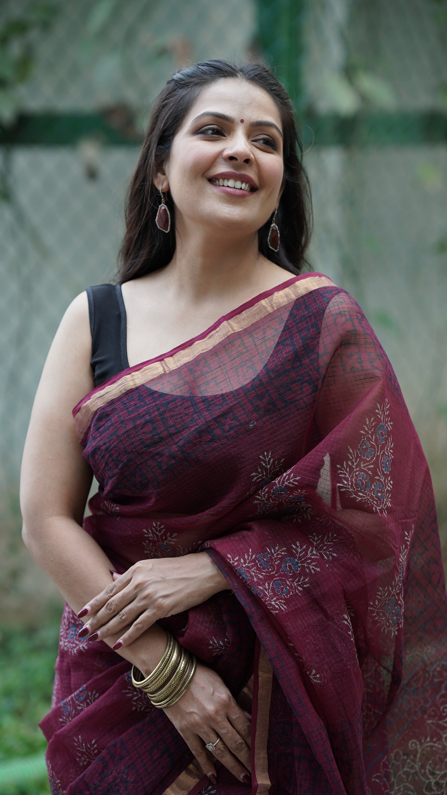 Burnt Burgundy Handblock Print Kota Doria Saree