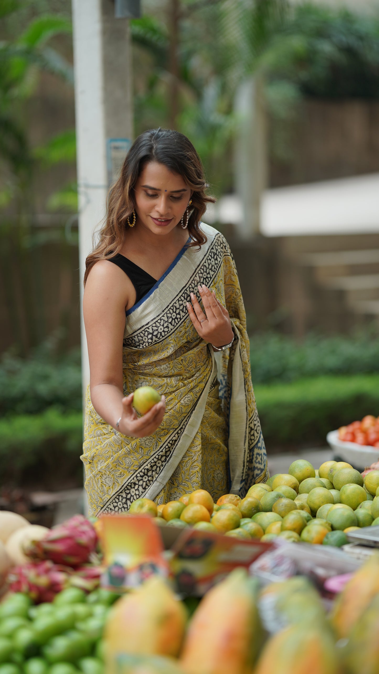 Pineapple Yellow Linen Handblock Print Saree