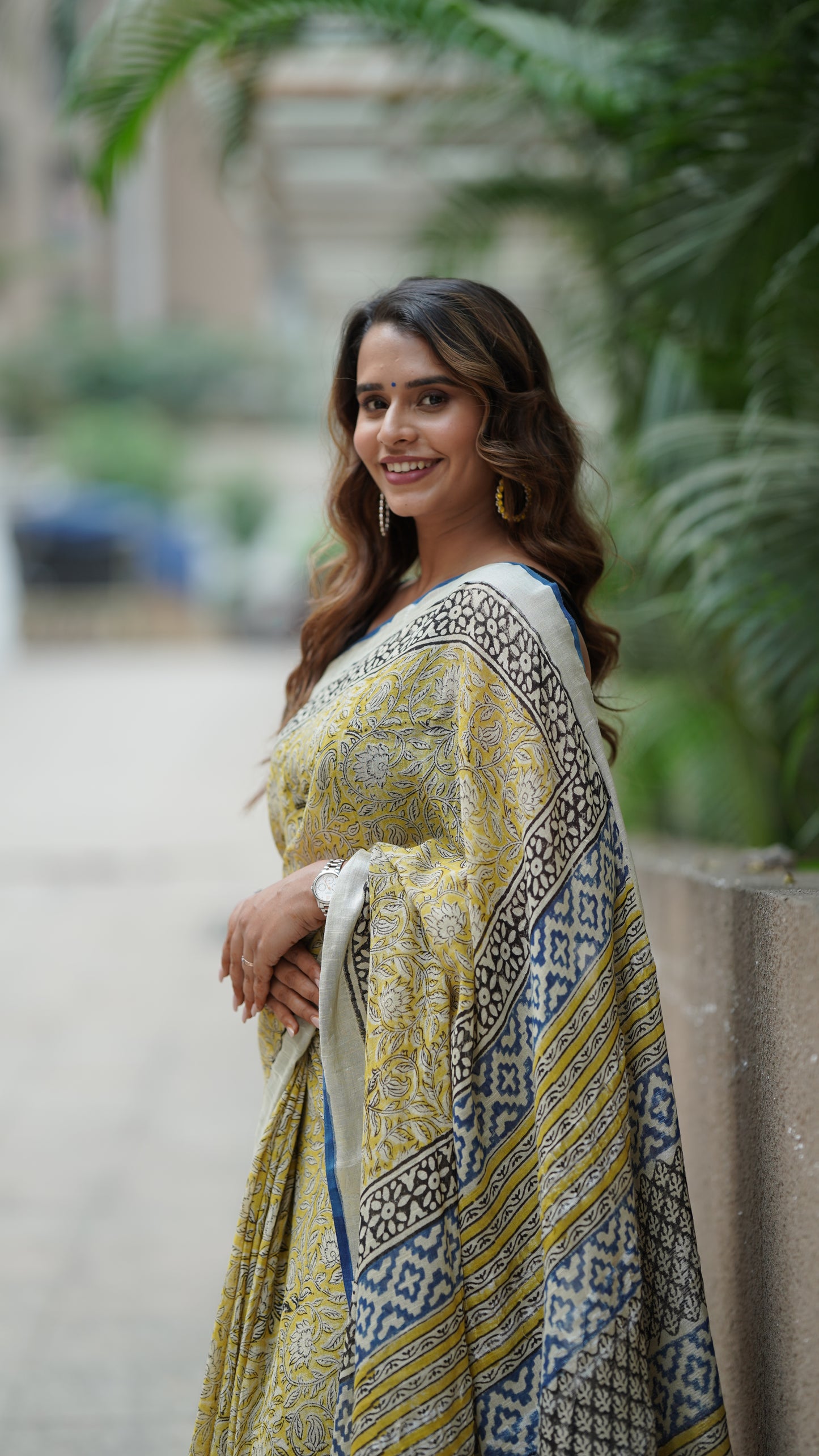 Pineapple Yellow Linen Handblock Print Saree