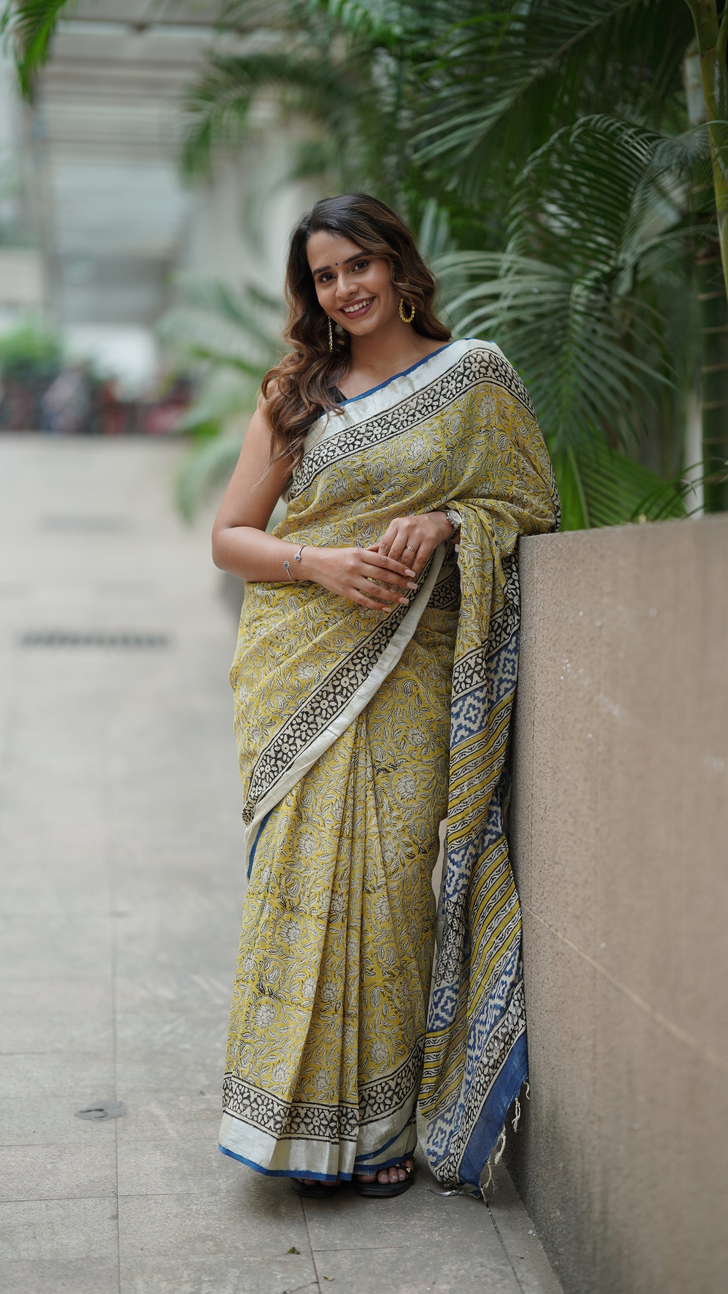 Pineapple Yellow Linen Handblock Print Saree