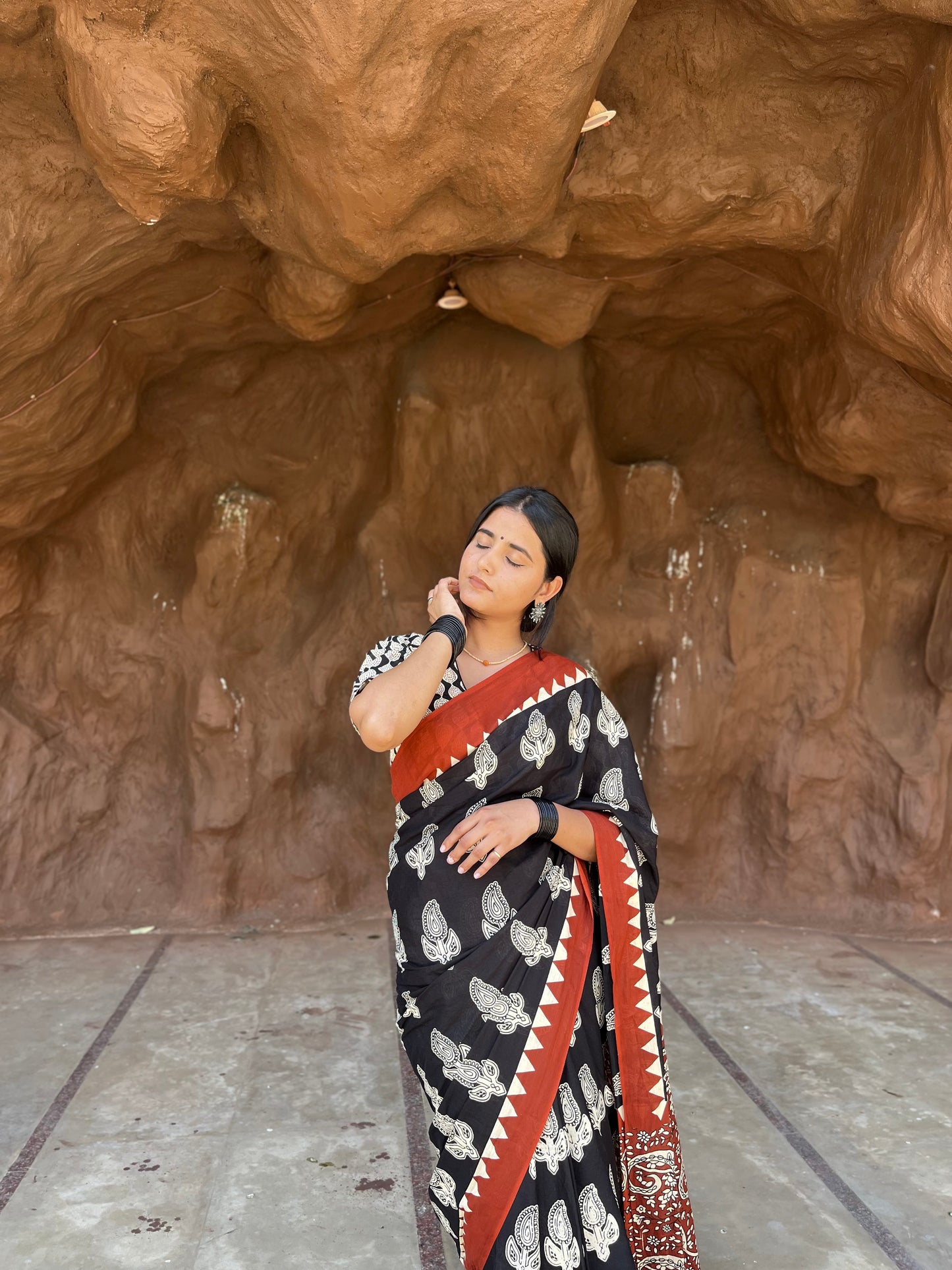 Midnight Melody Handblock Cotton Saree