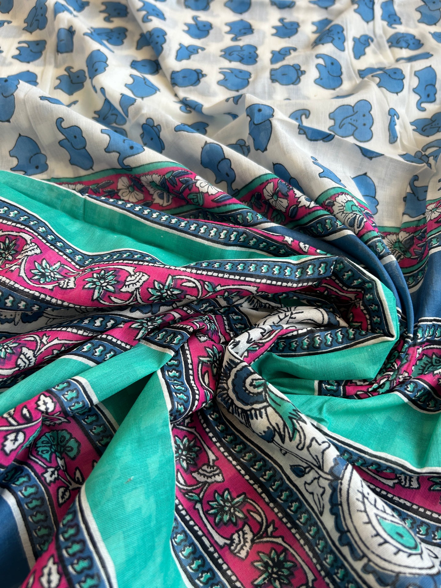 Blue Baby Elephant Cotton Saree