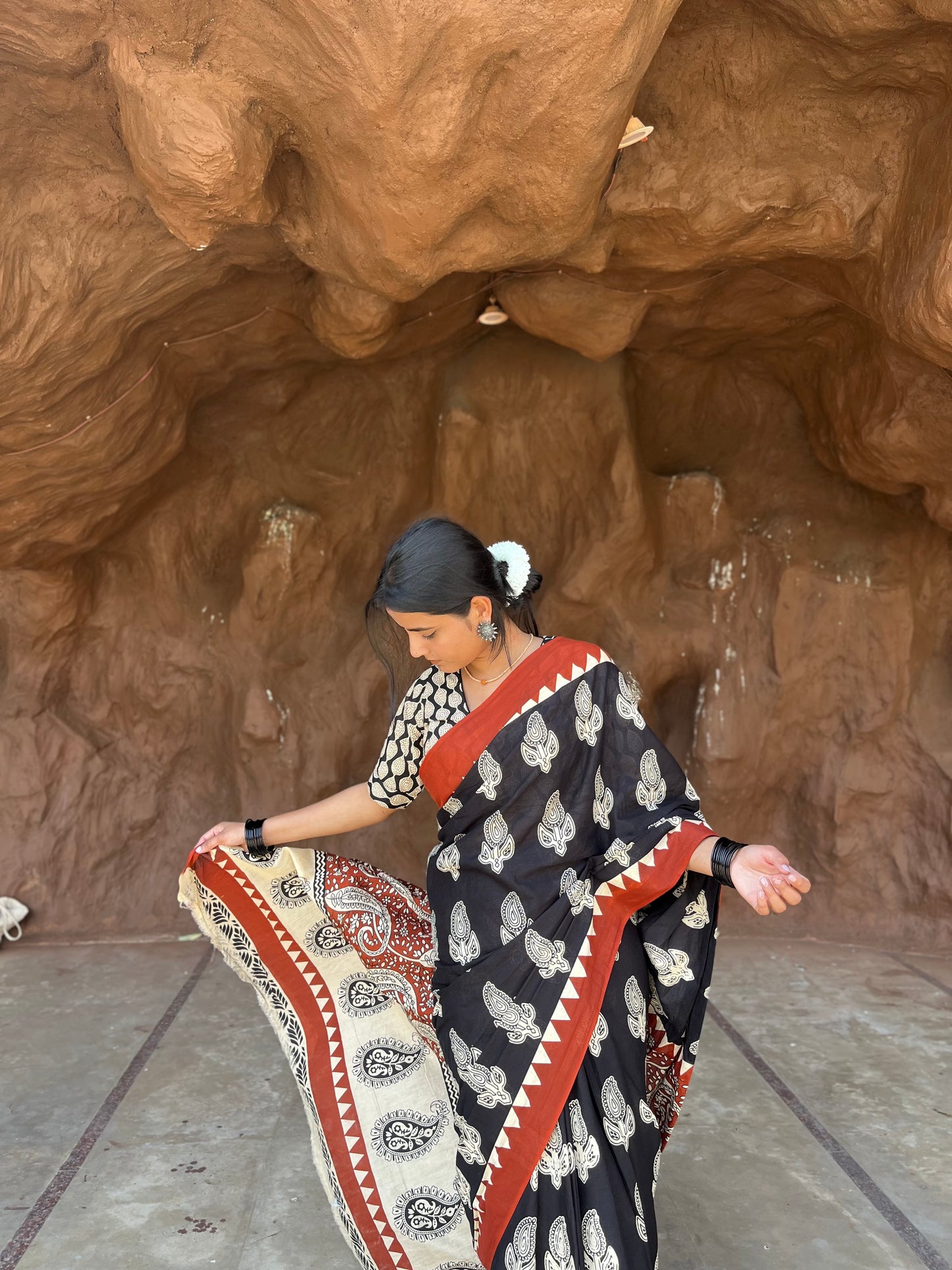 Midnight Melody Handblock Cotton Saree