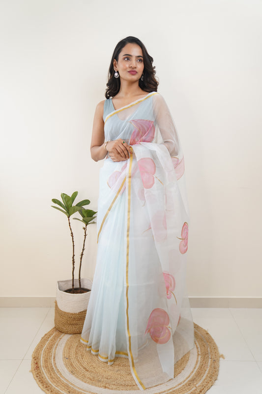 Light Turquoise Organza Hand painted Saree