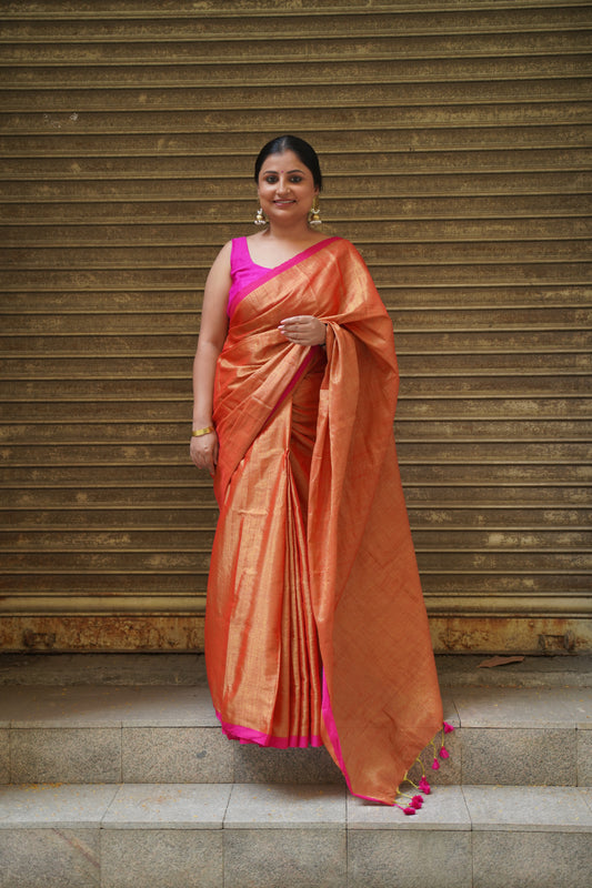 Orange and Pink Khadi Tissue with Pink Border