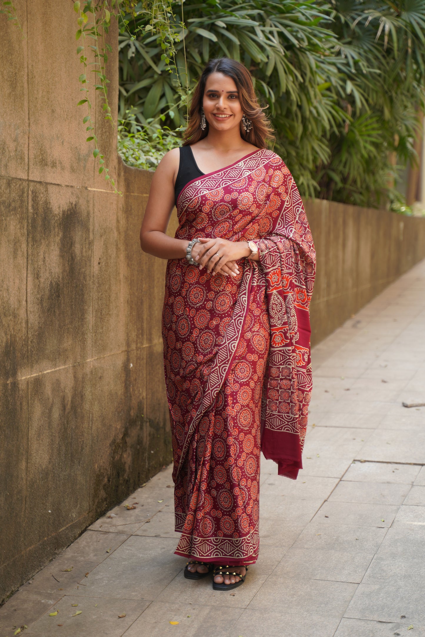 Maroon Modal Silk Handblock Print Saree