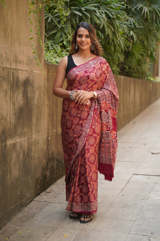 Maroon Modal Silk Handblock Print Saree