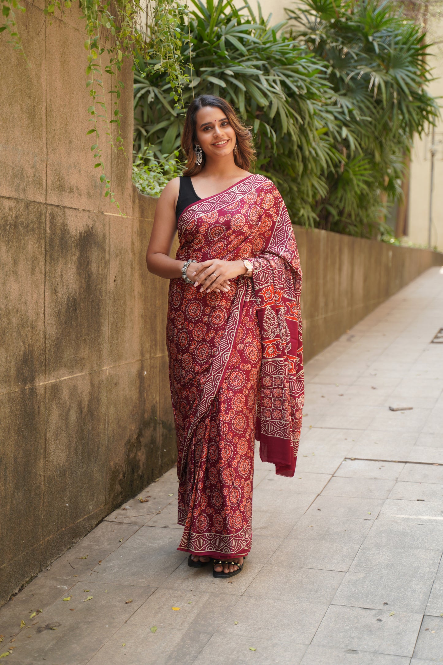 Maroon Modal Silk Handblock Print Saree