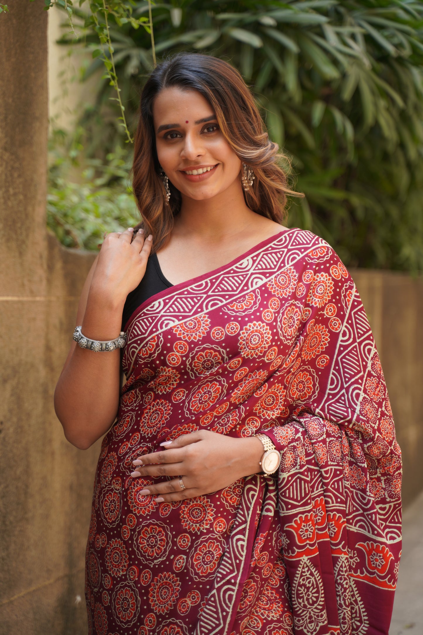 Maroon Modal Silk Handblock Print Saree