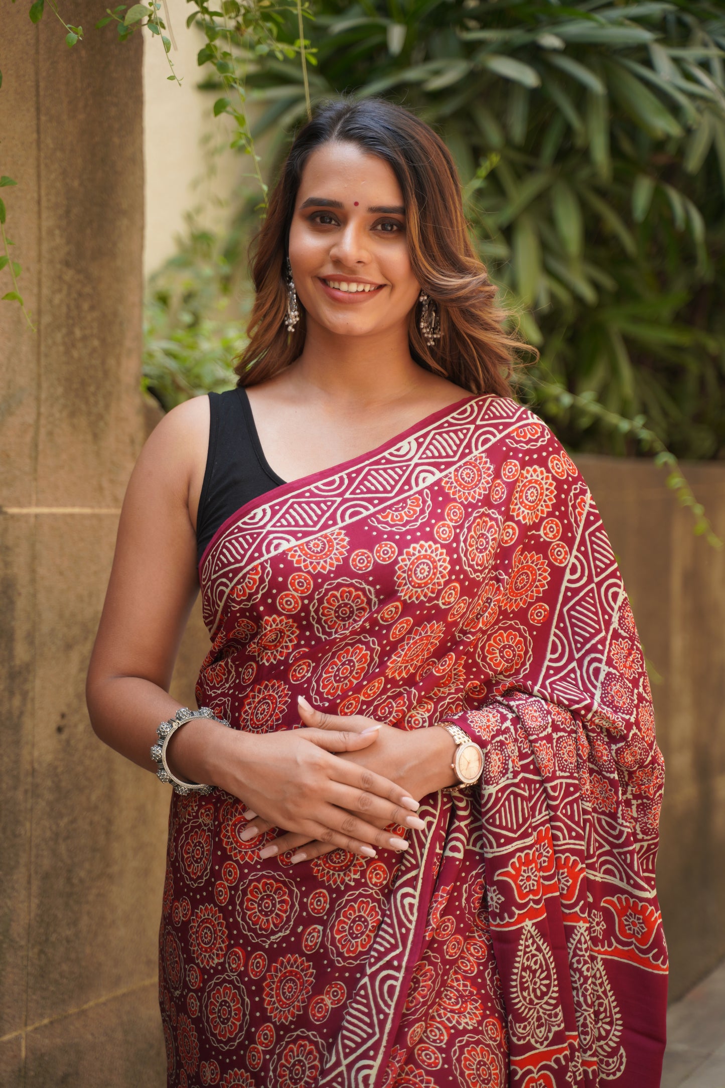 Maroon Modal Silk Handblock Print Saree