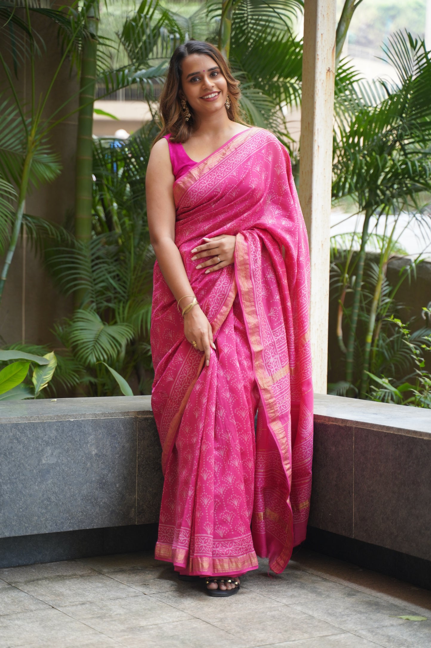 Deep Pink Maheshwari Cotton Silk Saree