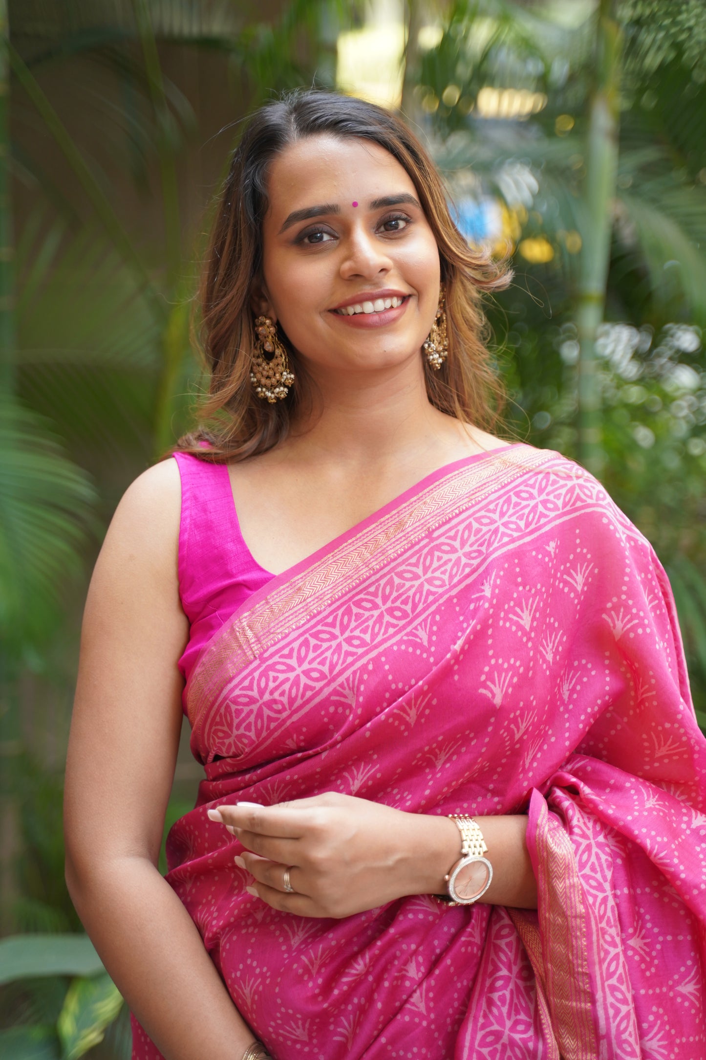 Deep Pink Maheshwari Cotton Silk Saree