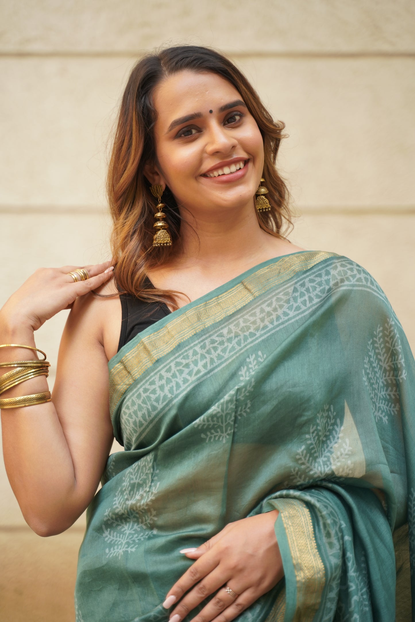 Pine Green Maheshwari Cotton Silk Saree