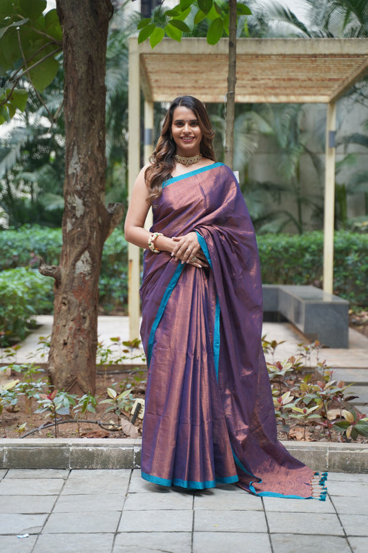 Antique Brown Khadi Tissue with Teal Border Saree
