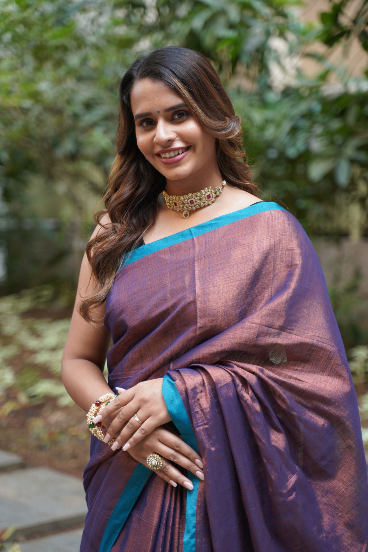 Antique Brown Khadi Tissue with Teal Border Saree